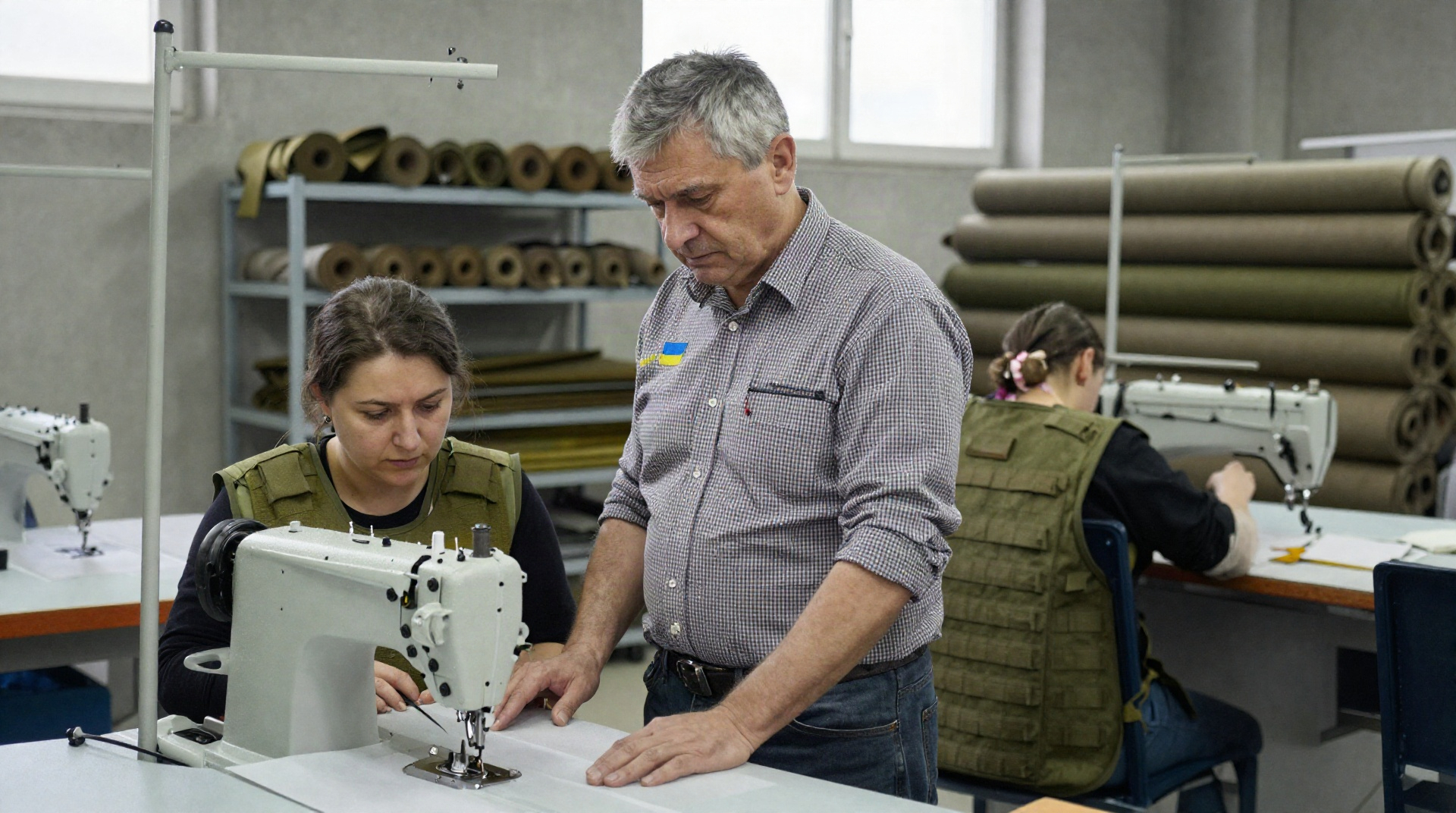 Спеціаліст з закупівель перевіряє процес пошиття тактичного спорядження на фабриці.