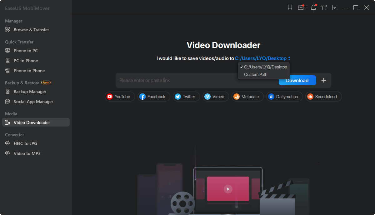 Потім запустіть EaseUS MobiMover, виберіть Video Downloader і натисніть на значок пристрою, щоб вибрати відео YouTube на свій ПК або iPhone / iPad