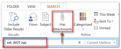 Спочатку введіть ext: (НЕ розширення) в поле пошуку, а потім натисніть Вкладення на Пошук Tab