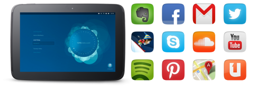 За замовчуванням в комплекті з OS Ubuntu будуть доступні наступні програми: Gmail, Twitter, Facebook, Google Maps, Spotify, Angry Birds і інші
