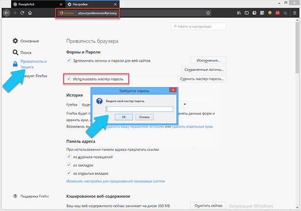 У браузері «Firefox» можна використовувати функцію майстер-пароль, тоді перед відкриттям налаштувань його необхідно буде ввести