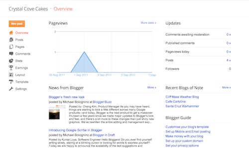 На вкладці Огляд можна подивитися статистику відвідувань вашого блогу, новини та поради від команди Blogger, а також новини Blogs of Note