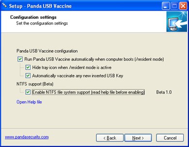 При установці Panda USB Vaccine відзначте галочками всі пункти настройки