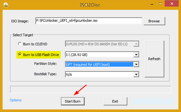 Завантажити PCUnlocker ISO-образ і записати його на USB флеш-диск (або CD) за допомогою програми ISO2Disc