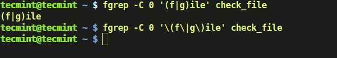 Коли метасимволу були екрановані, fgrep шукала повну рядок «(f | g) ile» в файлі, а коли метасимволу стали екрановані, команда fgrep шукала «\ (f \ | g \) Ile» все символи які є в файлі