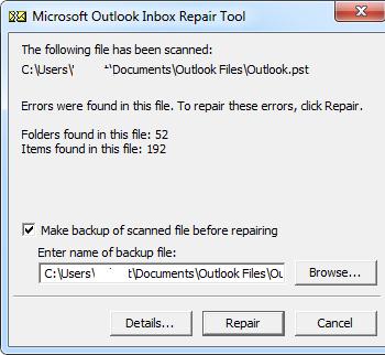 У нашому випадку утиліта відрапортувала, що файл особистих папок містить помилки і пропонує запустити процедуру його відновлення (кнопка Repair)